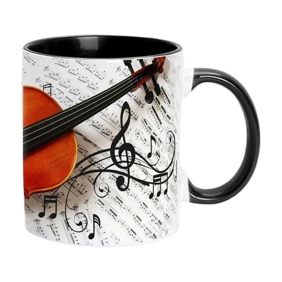 Ceramic Coffee Mug with Musical Note Design Featuring Guitars Piano and Violin for Musicians and Music Lovers