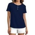 thumbnail image 2 of Womens Casual Tops Solid Color Crewneck Short Sleeve Buttons Shirts Summer Daily Vacation T Shirt Dark Blue XL, 2 of 8