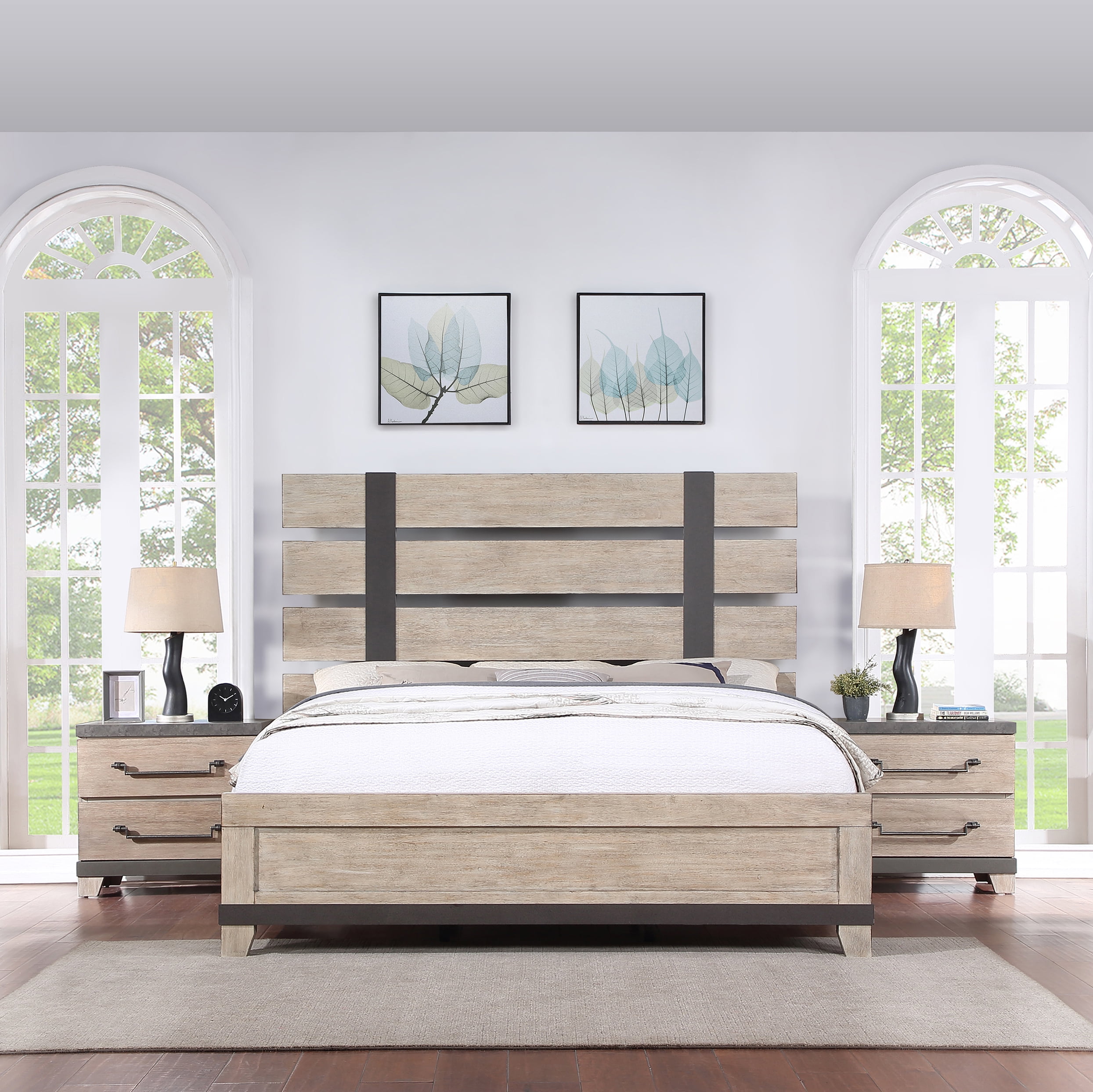 Arbela 3-Piece Wood Bedroom Set, Queen Size Panel Bed with Two ...