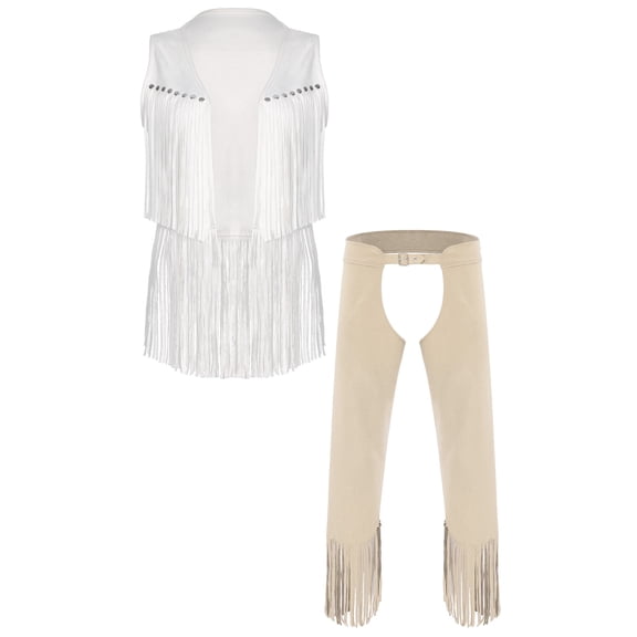 Choomomo Mens Faux Suede Fabric Open Front Vest and Chaps Adult Cowboy Outfit for Party White XXL