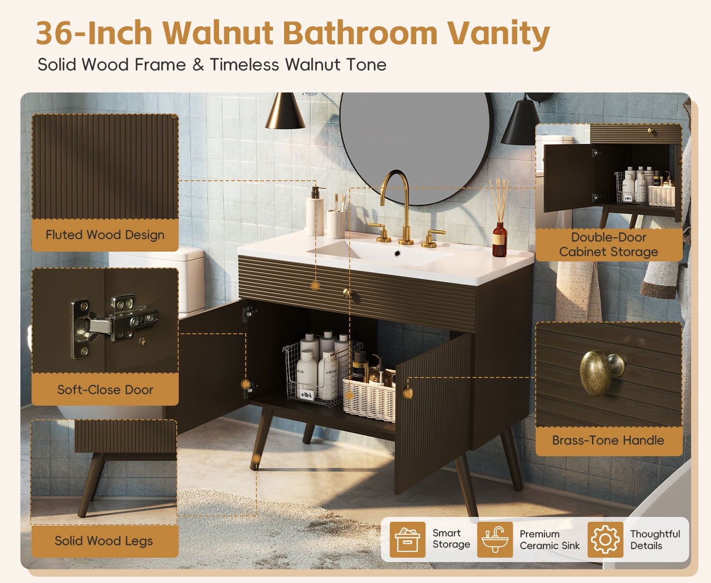 Mintazer 36 Inch Fluted Bathroom Vanity with Ceramic Sink, Modern Single Sink Bath Cabinet with Soft Close Storage, Brown