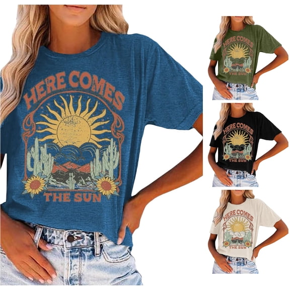 Trendfront Womens Southwestern Boho Graphic T Shirt Distressed Crewneck Short Sleeve Sunshine Country Music Festival Casual Fashion Tee