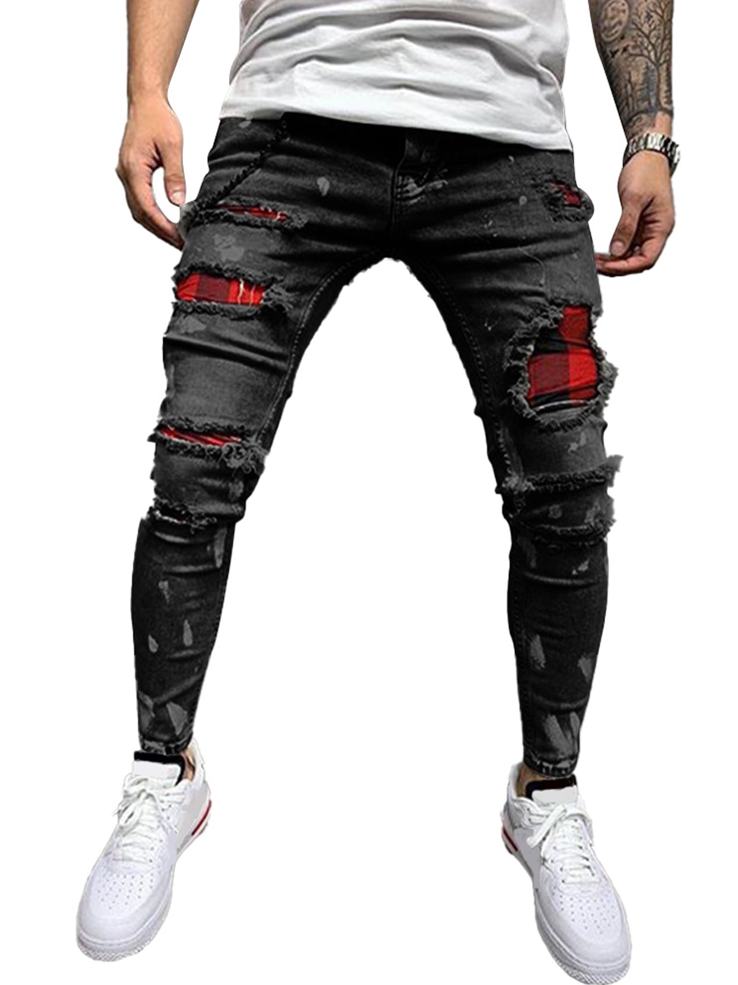 Mens Ripped Denim Skinny Biker Jeans Stretch Trousers Distressed Casual Pants 