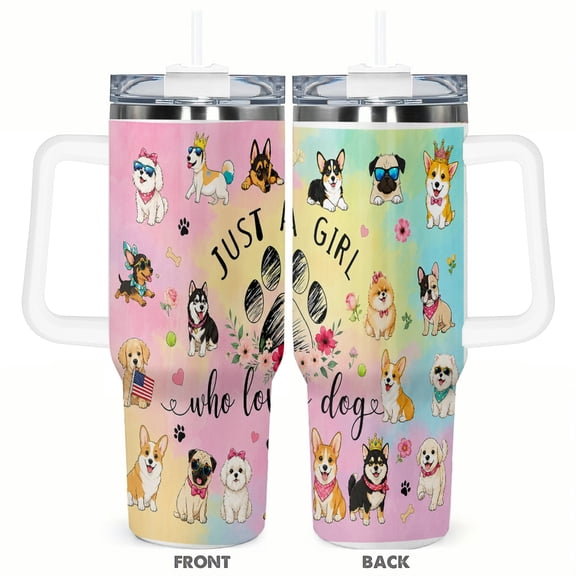 Just a Girl Who Loves Dogs 40oz Insulated Tumbler Cute Puppy Lover Floral Rainbow Travel Cup with Handle Straw Leak Resistant Cup Gift for Dog Mom