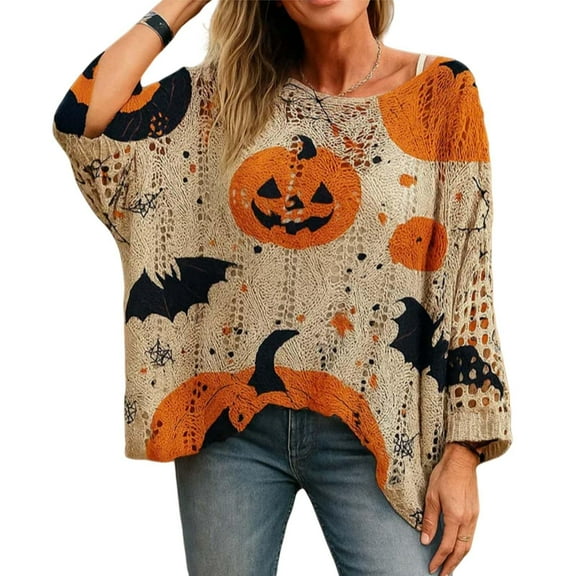 YEJIMAN Sweatshirt for Women Halloween Crochet Pumpkin Sweater Oversized Knit Pullover Bat Witch Hat Cozy Fall Long Sleeve Clothes Pullover