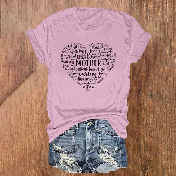 Meichang Womens Tshirts Shirts Funny Letter Heart Graphic Tees Mother's Day Shirts Short Sleeve Casual Crew Neck Pullover Blouses Loose Fit Summer Tops Pink M