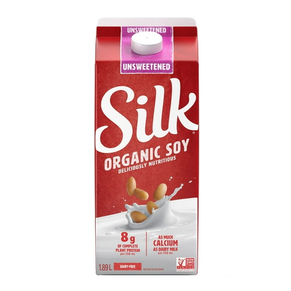 Silk Organic Soy Beverage, Unsweetened Original, Dairy-Free, 1.89L, 1.89L Organic Soy Milk