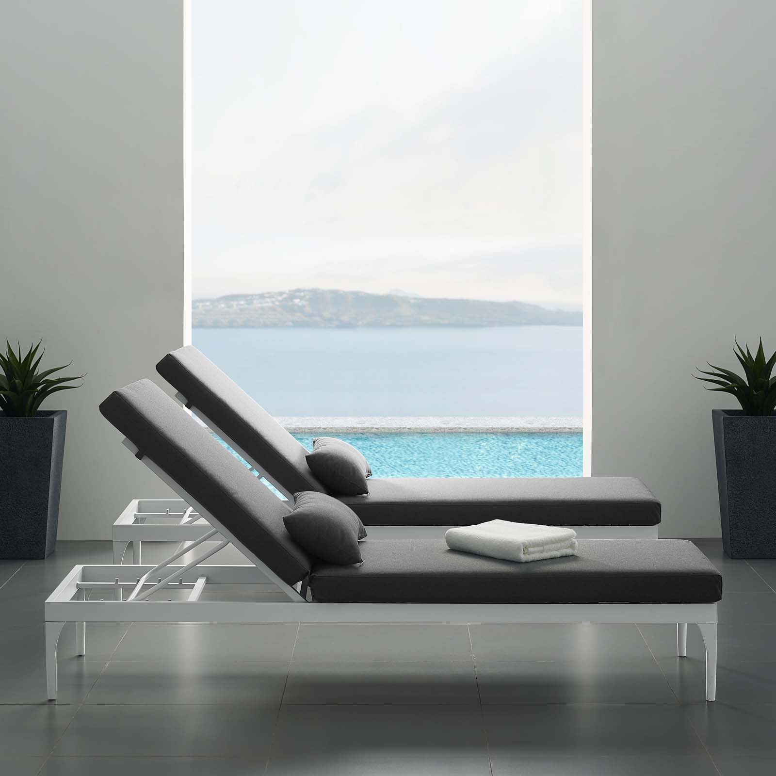 Modern Contemporary Urban Design Outdoor Patio Balcony Garden Furniture Lounge Chair Chaise, Fabric Metal Steel, White Grey Gray - image 4 of 7