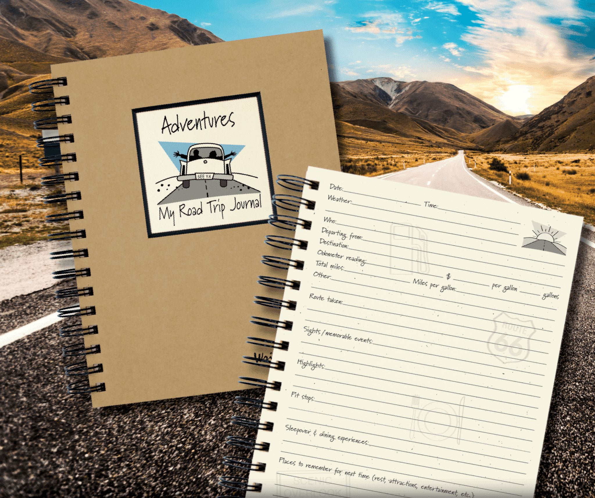 Journals Unlimited Adventures - My Road Trip Journal Book with Kraft Brown Hardcover Spiral Design