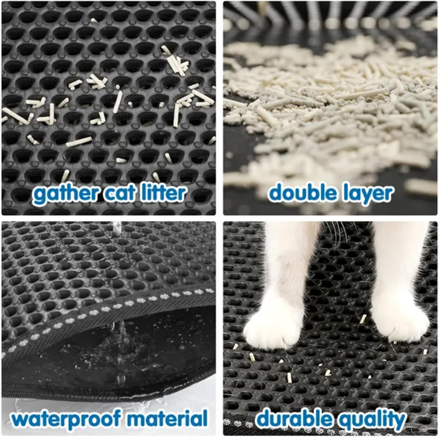 PUPIX Cat Litter Mat Double Layer Kitty Litter Trapping Mat Waterproof Urine Proof Easy Clean Scatter Control EVA Cat Mat with MiLi Shape Scratching Design 21 x 14 Inch (Black)