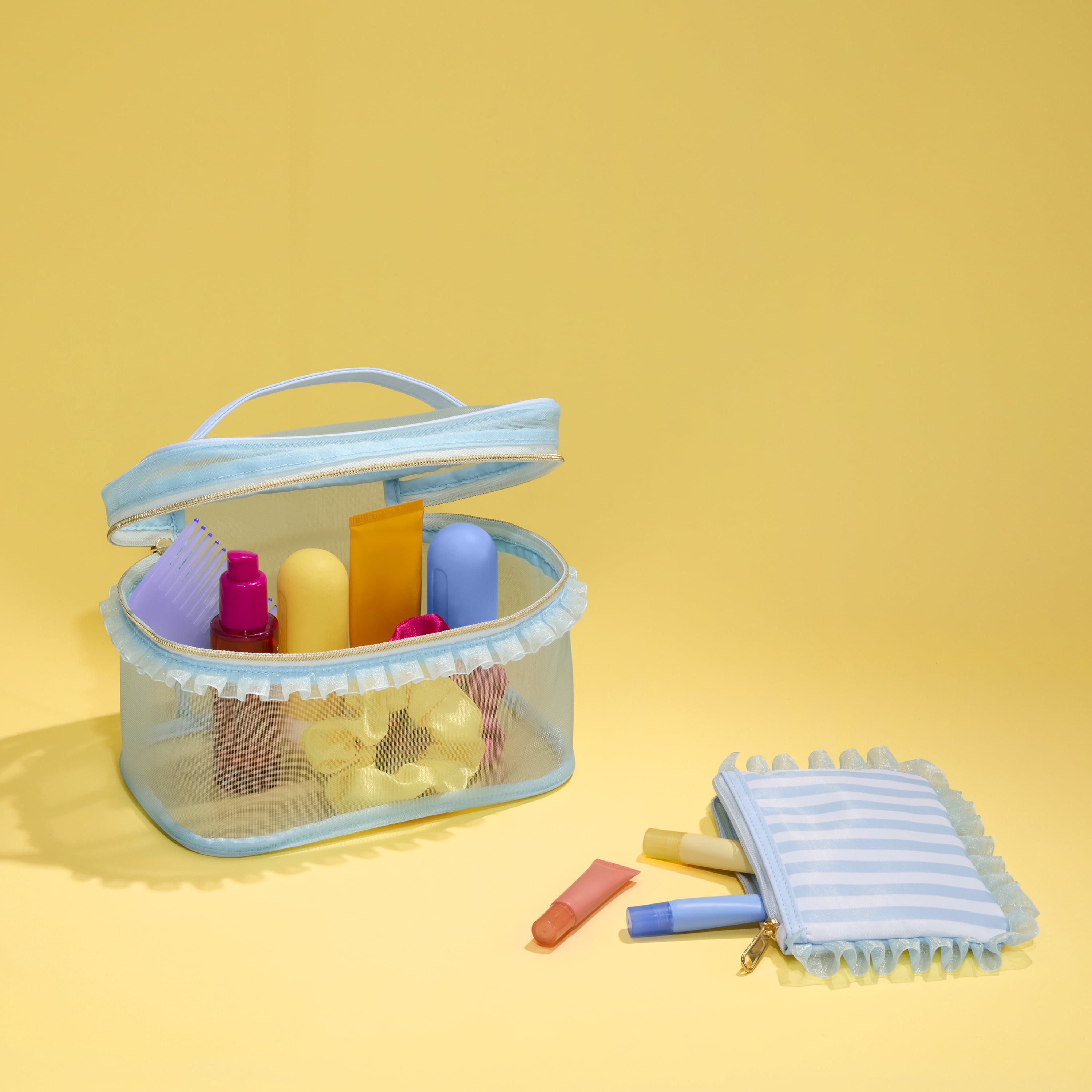 Conair Blue Mesh Train Case, Travel Makeup Bag with Matching Pouch, 2-Piece Set