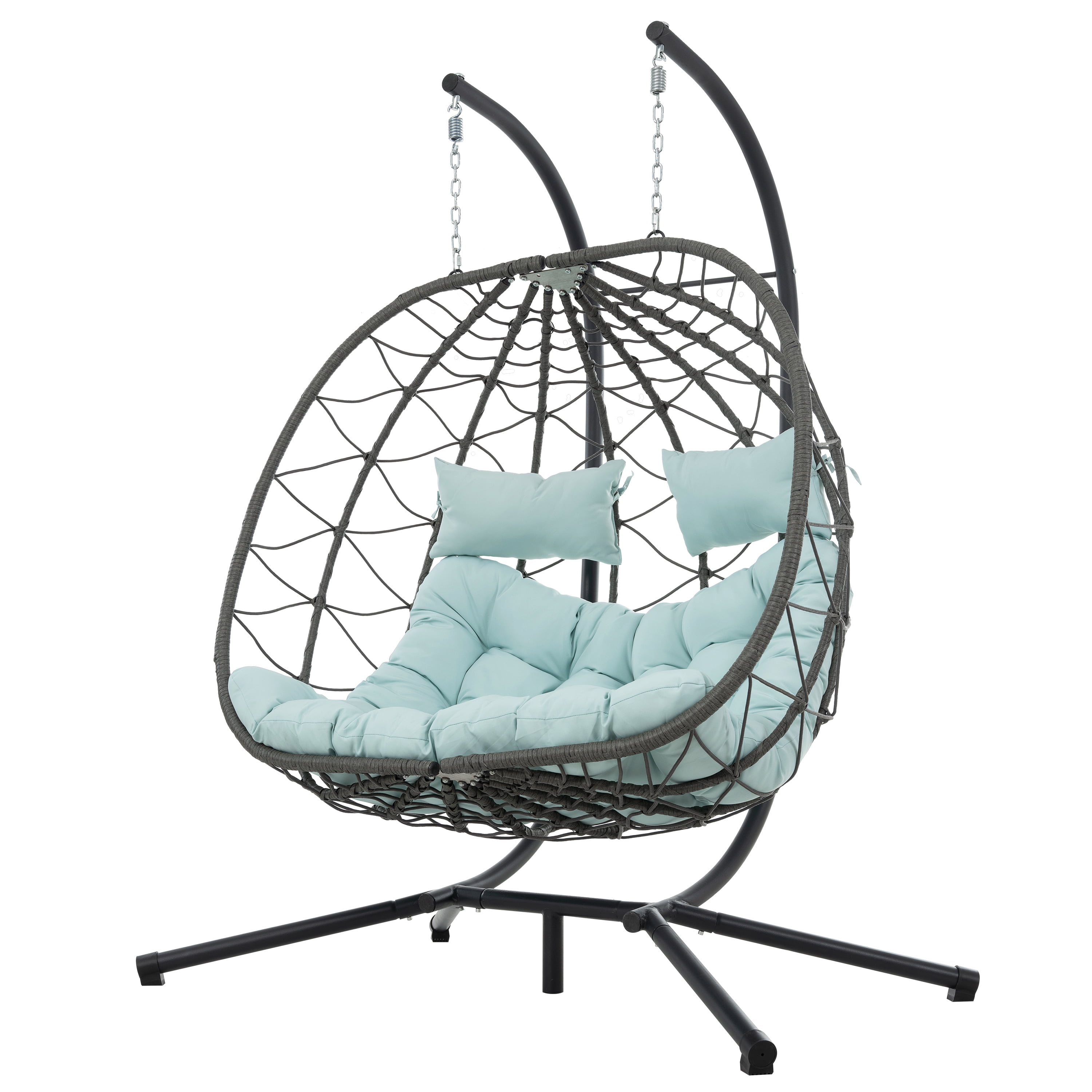2 Persons Egg Chair with Stand, Indoor Outdoor Swing Chair Patio Wicker Hanging Egg Chair for Bedroom, Coral Blue