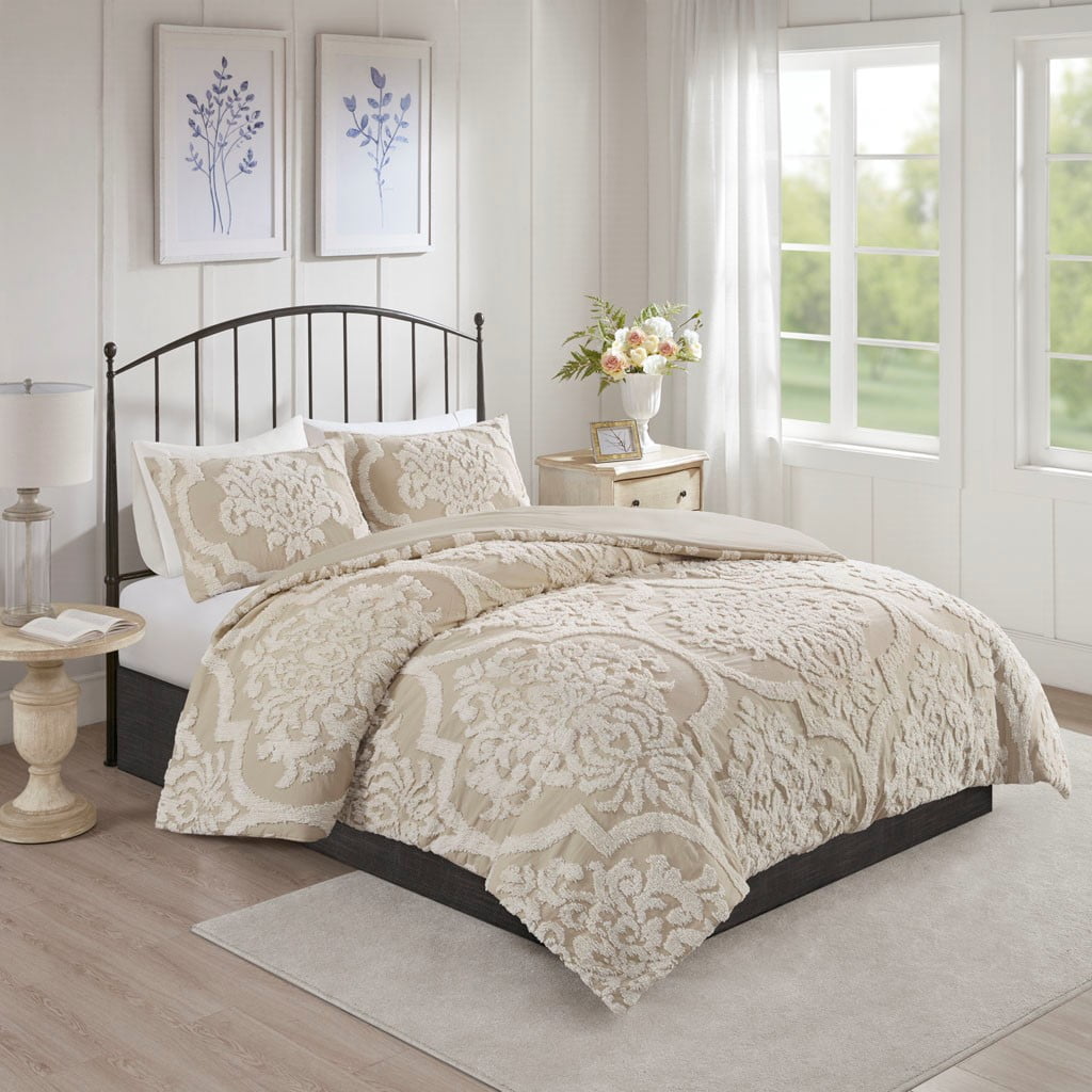 Witaxima King/Cal King 3 Piece Tufted Cotton Chenille Damask Duvet Cover Set, Multicolor, 104x92 Inches, Machine Washable