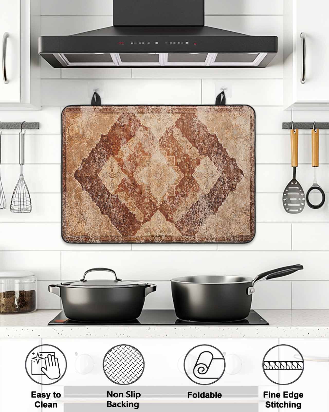 Stove Top Covers for Electric Stove, Beige Boho Glass Stovetop Cover Protector, Ethnic Modern Geometric Abstract Art Western Induction Cooktop Protector Oven Mat for Kitchen Countertop 24"x21"