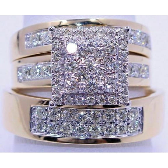 Hitanshu Jewels 14K Rose Gold Plated Moissanite Cluster Couple Bridal Trio Wedding Ring Band Set