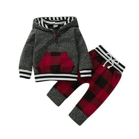 

Kucnuzki 3 Months Baby Boy Winter Outfits Pants Sets 6 Months Long Sleeve Contrast Plaid Prints Hooded Sweatshirt Tops Elastic Plaid Prints Pants 2PCS Set Gray