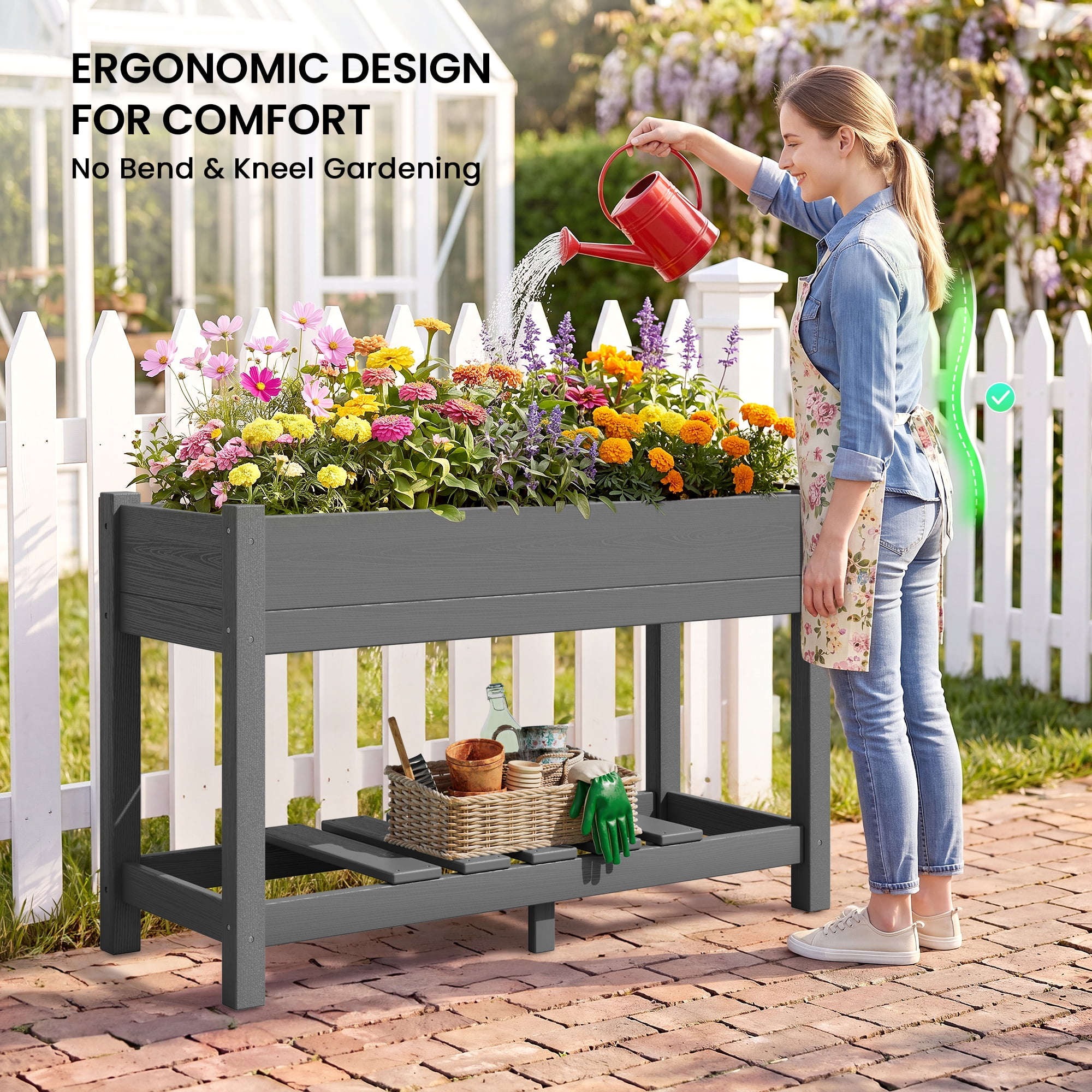 SERWALL HDPE Raised Garden Bed with Legs, 43"x16"x30" Elevated Planter Box, Outdoor Planter for Vegetables Flowers, Gray