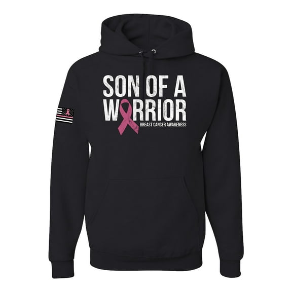 Wild Bobby Son of A Warrior Breast Cancer Ribbon US Flag Breast Cancer Awareness Unisex Hoodie Sweatshirt, Black, Small