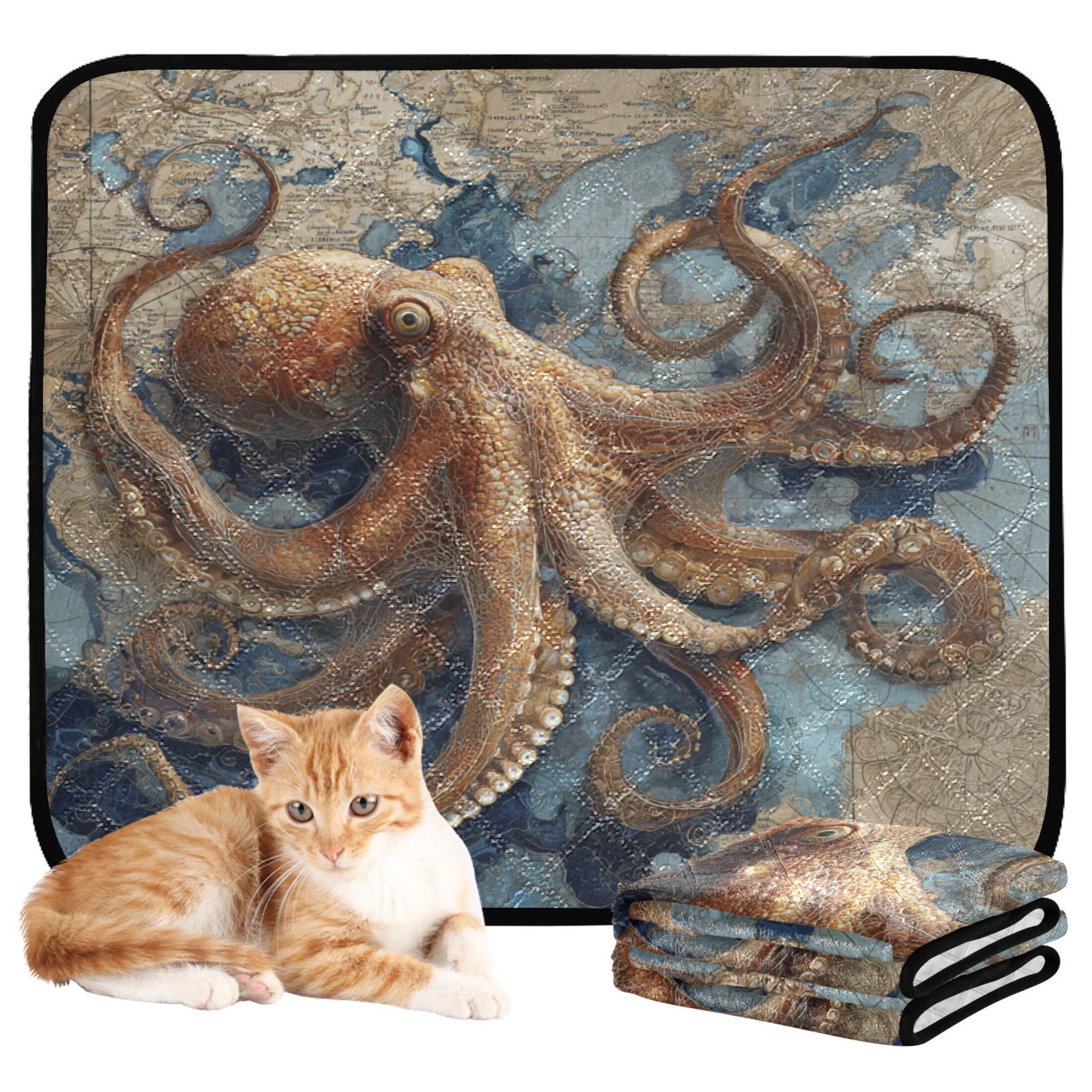 Qxltty Deep Sea Octopus Cat litter Pads Pet Set of 2 Diaper Mats Center Anti-leakage Layer Absorbent Soft and Comfortable