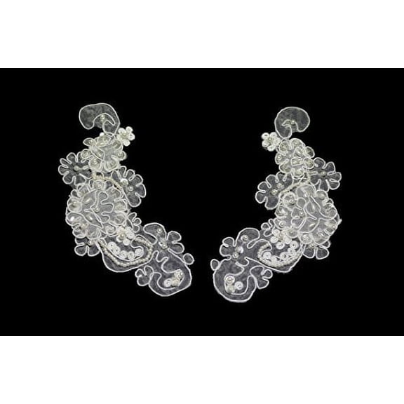 6.5"x2.5" White Bridal Beaded Sequins Embroidery Motif Applique by Pair