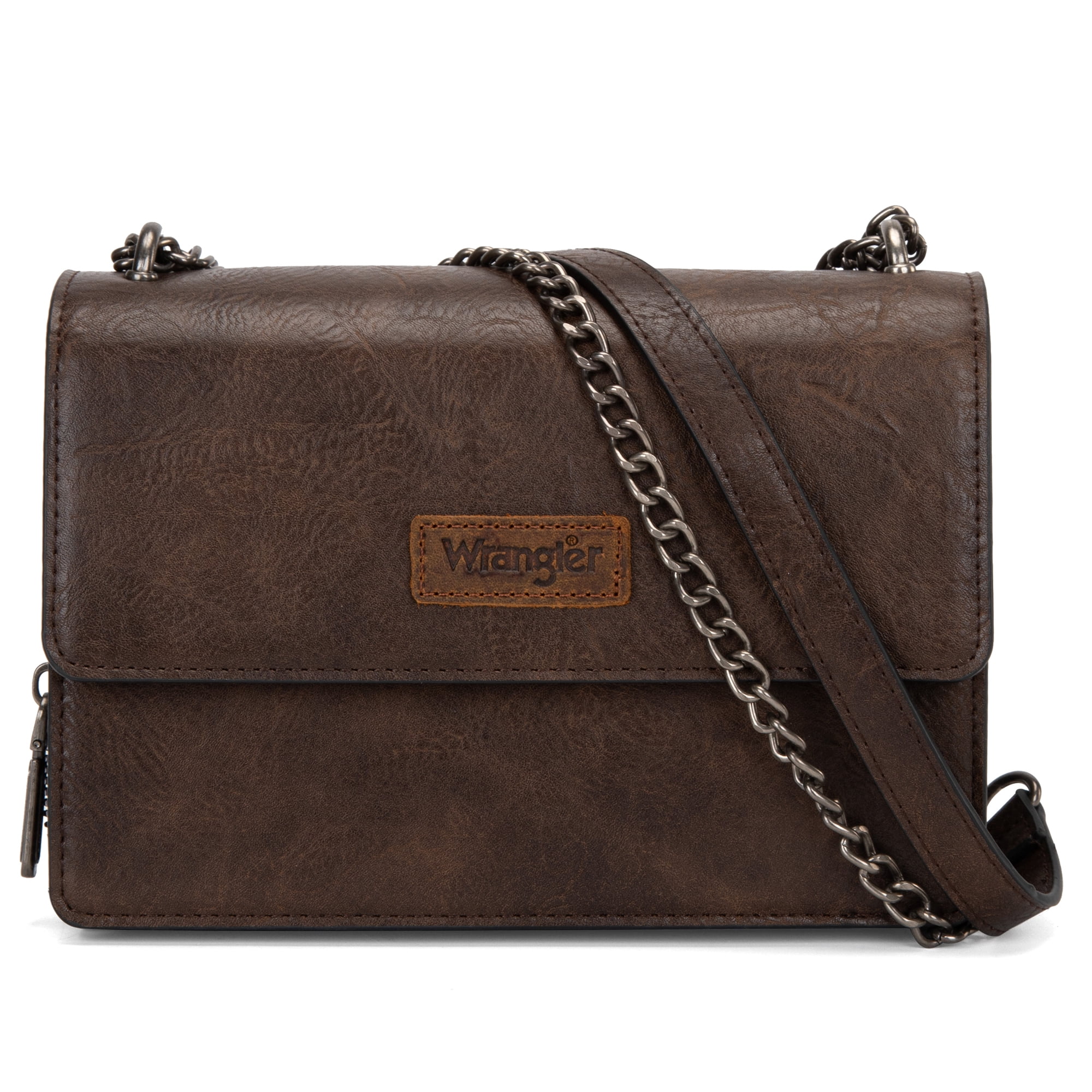 Wrangler Flap CrossBody Purse for Women Small Shoulder Bag with Chain Strap, Coffee