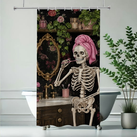 RKSupls Skeleton Makeup Vanity Roses Pink Polyester Shower Curtain with Hooks for Chic Elegant Waterproof Shower Curtain Home Bathtub Bathroom Decor