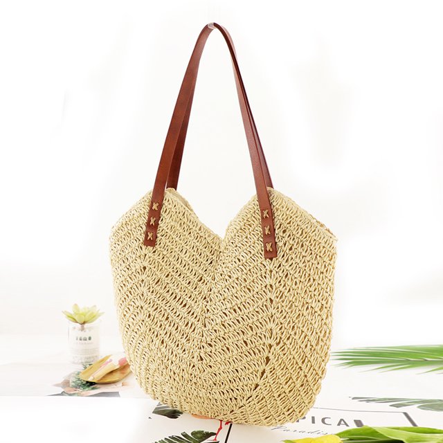 Bolso de playa hueco Cuerda de papel Bolso de hombro tejido a mano Simple para damas (Beige)