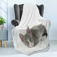 thumbnail image 4 of Kitty Soft Flannel Fleece Throw Blanket, Charming Little Animal Laying with Head on Paws, Cozy Plush for Indoor and Outdoor Use, 60" x 80", Pale Grey White, by Ambesonne, 4 of 5