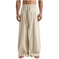 thumbnail image 3 of LMOIPLI Mens Linen Blend Wide Leg Pants Elastic Drawstring Waist Loose Fit Breathable Lightweight Fabric Casual Trousers Khaki XXXXXL, 3 of 7