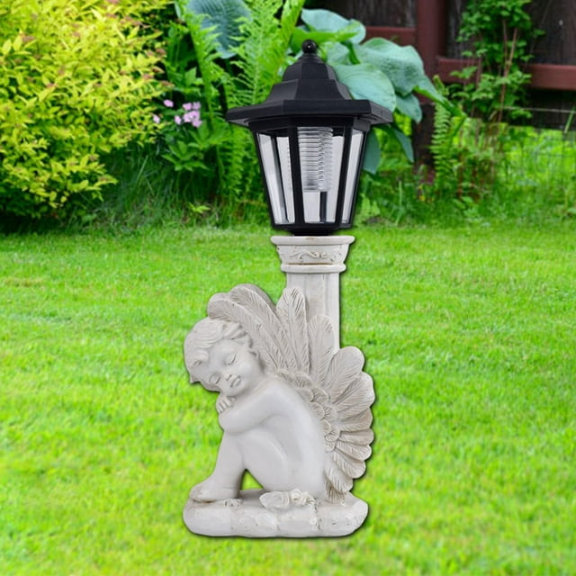 Figura de ángel en reposo con luz solar de 13,5 x 13 x 36 cm. Decoración versátil para exteriores, ideal como regalo de inauguración de casa. Izquierda