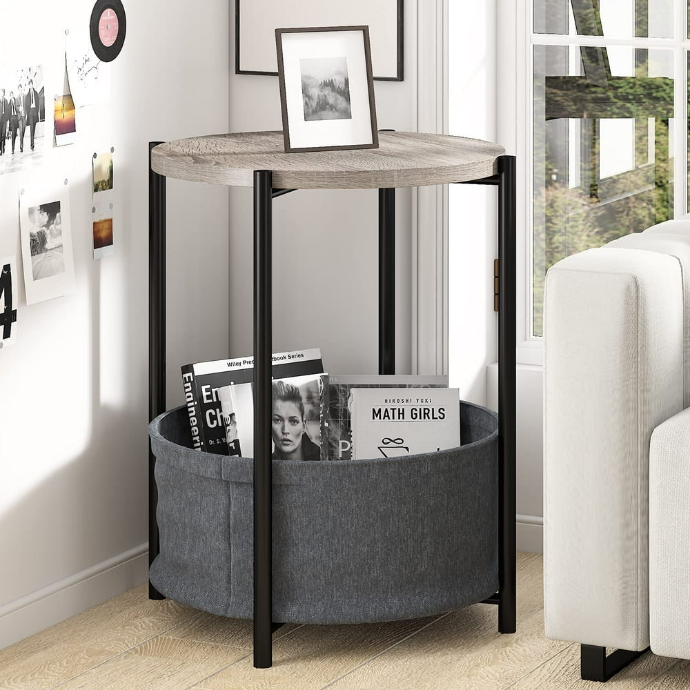 Amolife 24'' Round End Sofa Side Table with Fabric Storage Basket, Grey