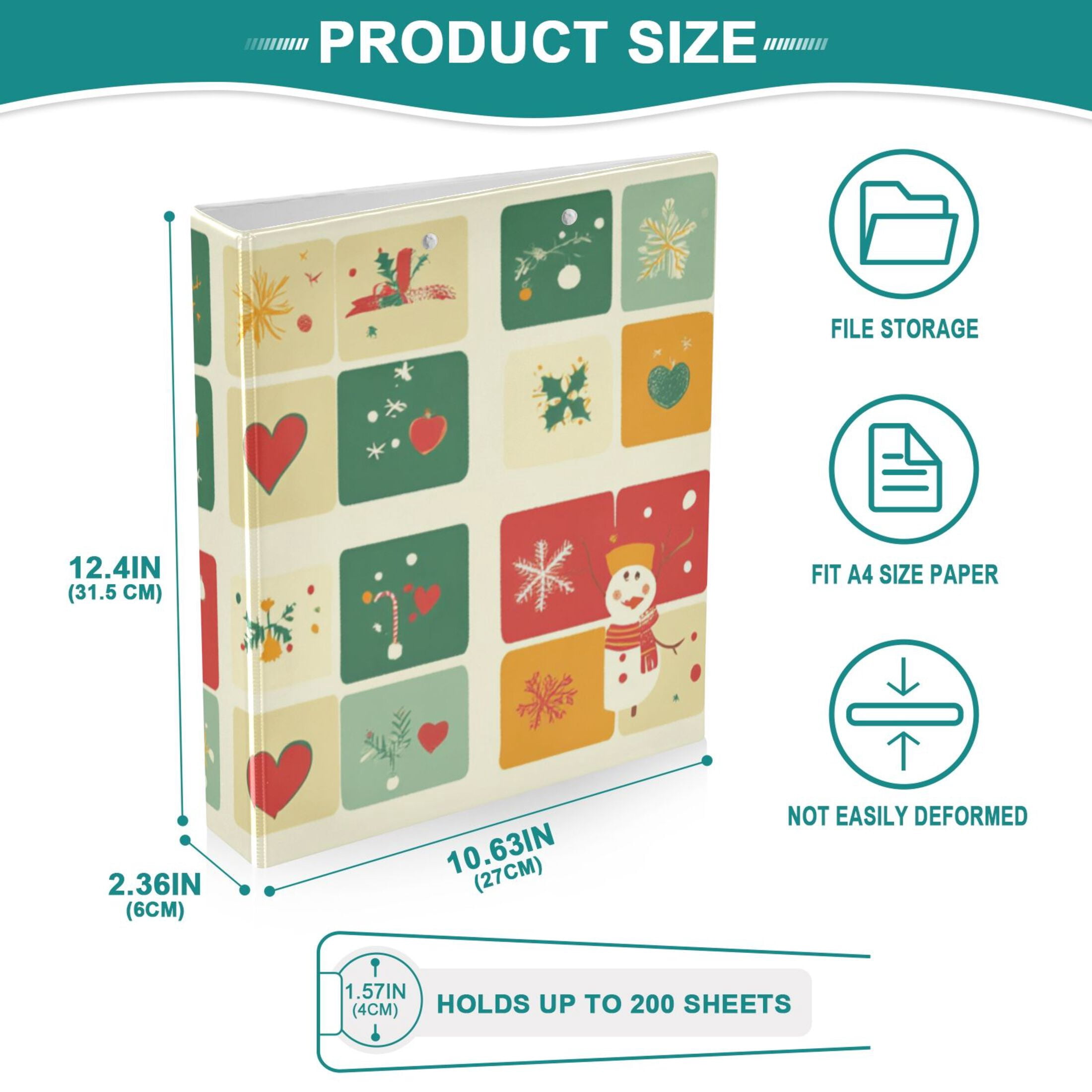 Christmas Squares 3 Ring Binders 1.5 inch Hardcover File Folders with Interior Pockets A4 Size Organizer for School Office Hospital