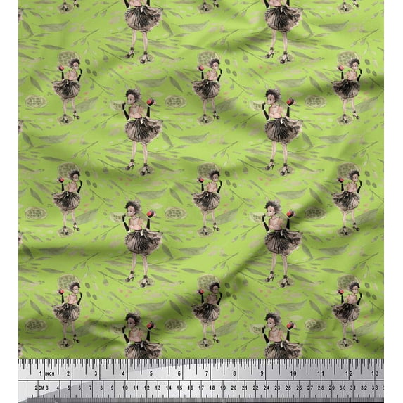 Soimoi Green Poly Georgette Fabric Leaves,Women & Lipstick Fashion Print Fabric by the Yard 52 Inch Wide