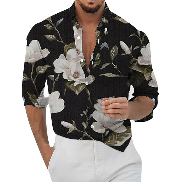 Camisas Y Playeras Camisas florales hawaianas para hombre, con botones, para vacaciones tropicales, playa, trajes de verano (Black, XXL)