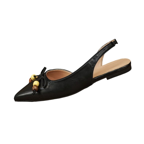 Womens Black Pointed Toe Slingback Flats with Bow Detail, Comfortable Office Work Flats, Vegan Faux Leather Ballet Flats for Women,Size 9.5