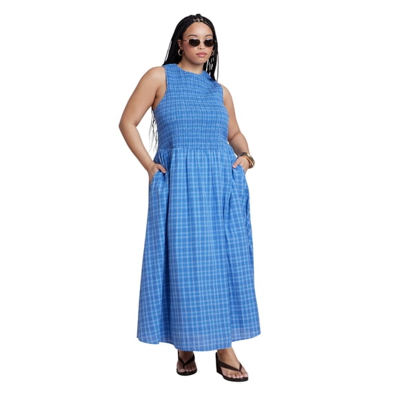 ELOQUII Women's Plus Size Smocked Bodice Plaid Dress