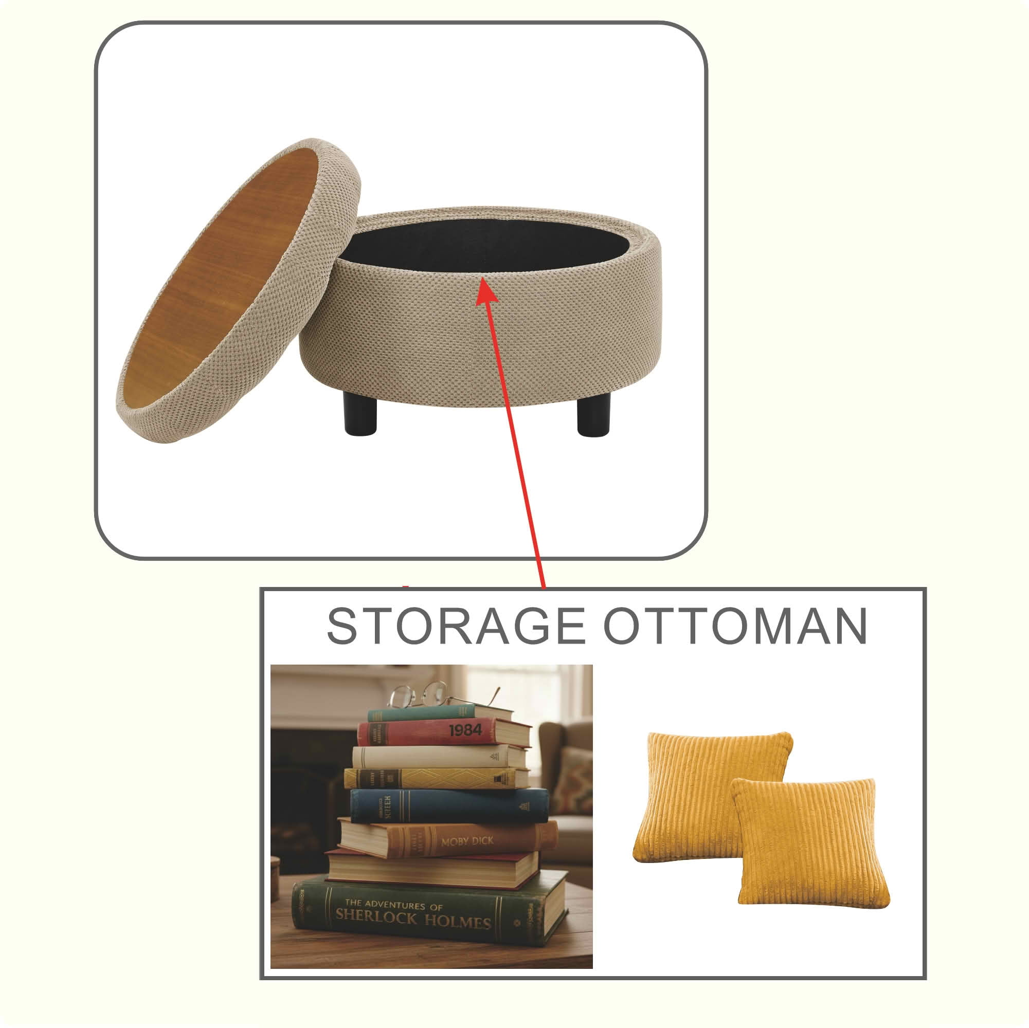 MAYEERTY 25 In Round Storage Ottoman with Tray, Tufted Fabric, Coffee Table Ottoman, Camel