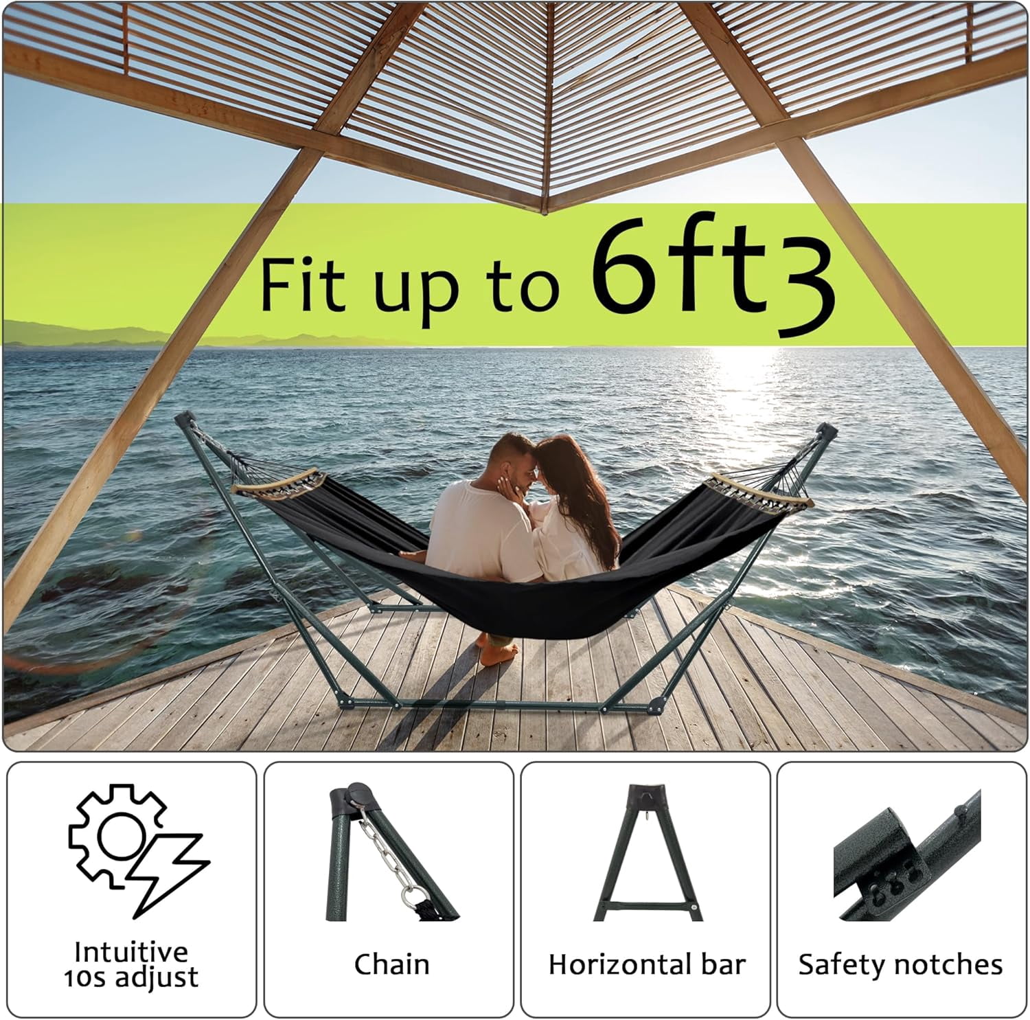 Tranquillo Ultimate Relaxation Portable&Foldable Hammock Stand, Hammock Net Canvas with Spreader Bar, Quick Fold Unfold in 30 Seconds Steel Frame Hammock 600 lbs Capacity, Green Frame/Black