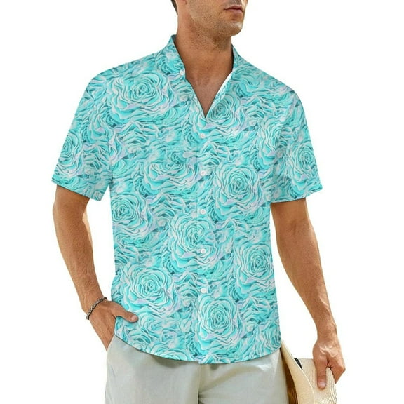 Teal Rose Print Vacation Shirt Gold Glitter Floral Hawaiian Casual Shirts Man Elegant Blou