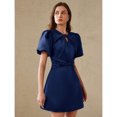 thumbnail image 3 of Navy Blue Satin Mini Dress With Puff Sleeves, Bow Neck, V-Neck Cutout And Ruched Waist, 3 of 7