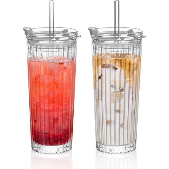 2 Pack Ribbed Glass Tumbler with Straw and Lid – 18oz Durable Leak-Proof Drinking Cup for Hot and Cold Beverages – Stylish Design, Ideal for Iced Coffee, Smoothies, and More