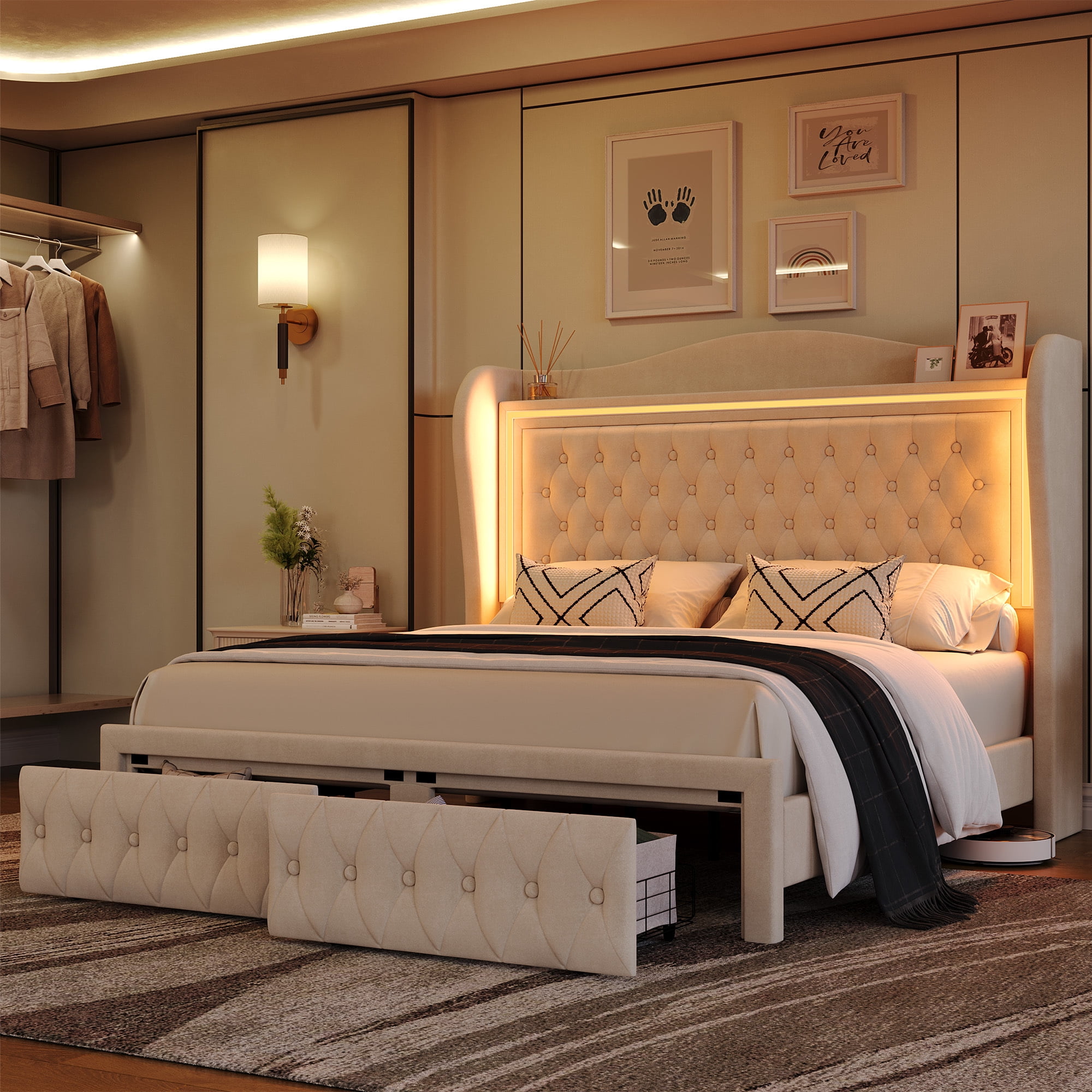 Homfa Queen Size LED Bed Frame with Storage Drawers, 54in Tall Velvet Upholstered Headboard Platform Bed with Wingback Buttons Headboard, Beige