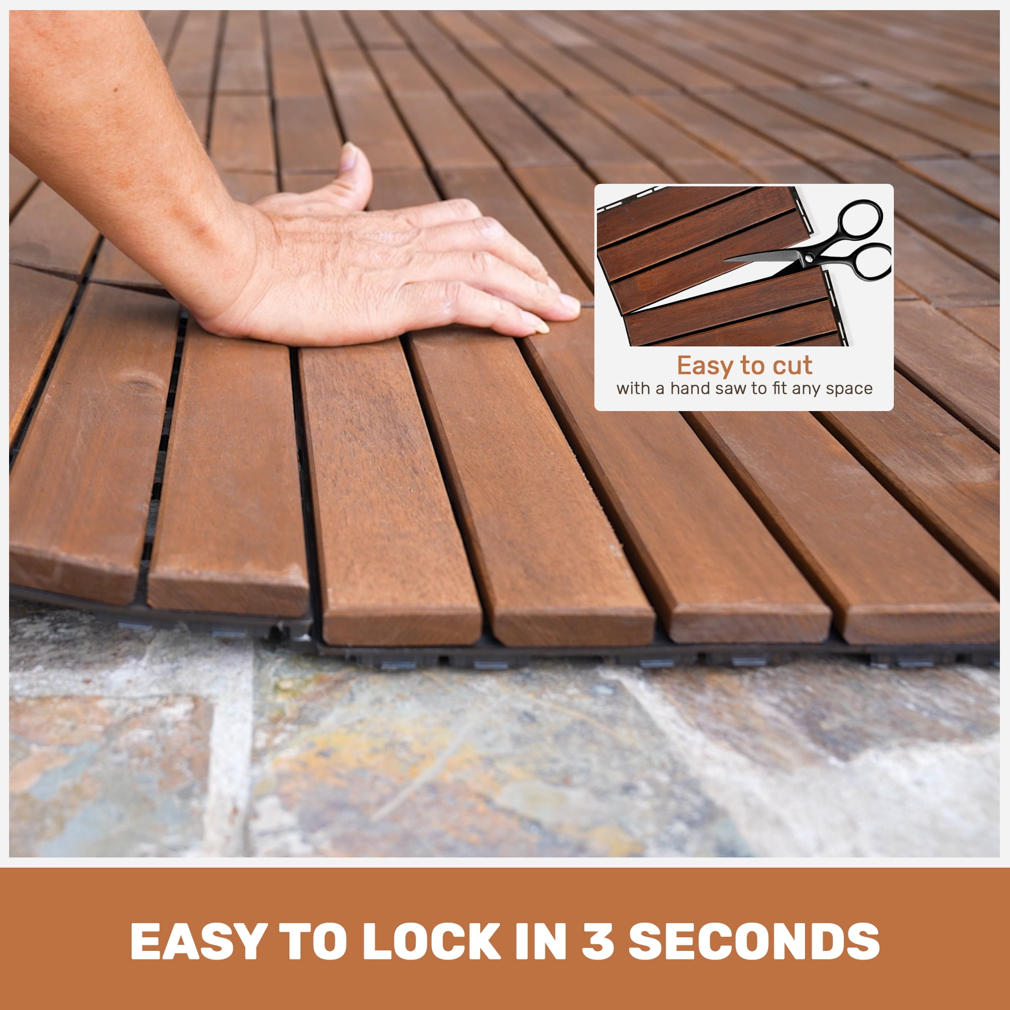 10 PCS Striped Pattern Interlocking Deck Tiles 12"x12" Square Acacia Hardwood Outdoor Flooring for Patio Balcony Pool Side Garden Porch