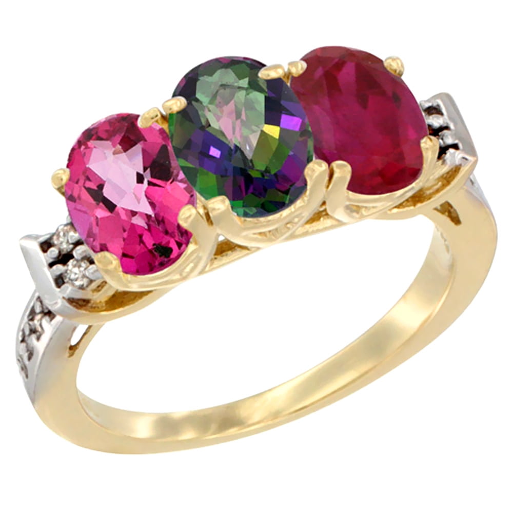 10K Yellow Gold Natural Pink Topaz, Mystic Topaz & Enhanced Ruby Ring 3-Stone Oval 7x5 mm Diamond Accent, sizes 5 10 by WorldJewels