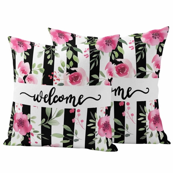2 Pack Outdoor Waterproof Throw Pillow Covers,Welcome Words Pink Flowers Decorative Square Pillow Case Patio Pillowcases for Chair Couch Sofa 16x16in