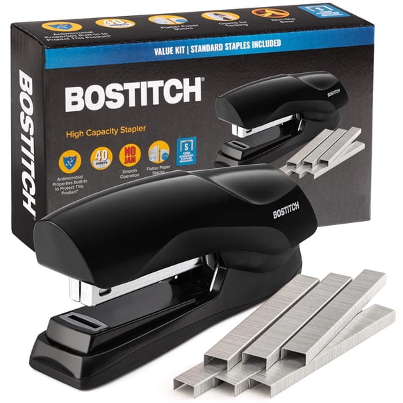 Bostitch Agrafeuse de Bureau Robuste - Agrafeuse de 40 Feuilles pour Bureau - Pleine Bande - Comprend 1260 Agrafes - Noir