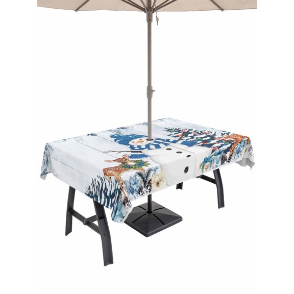 Outdoor Tablecloth with Umbrella Hole and Zipper, Blue Christmas Rectangle Table Cloth 52x70 Inch Waterproof Tablecloth, Snowman Elk Eucalyptus Leaves Xmas Tree Wood Picnic Table Cover for Patio