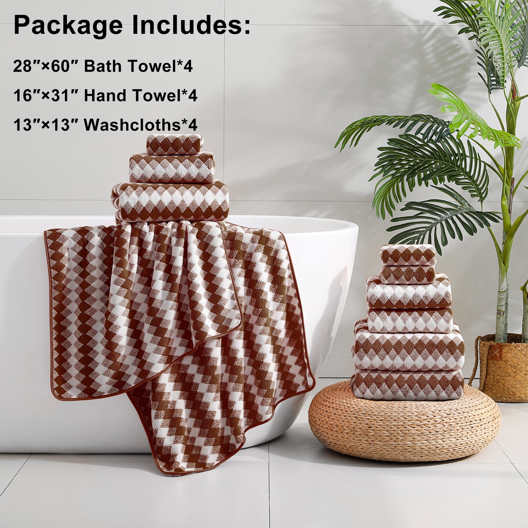 Jessy Home 12 Piece Brown Towel Set Soft Bath Towel for Bathroom-4 Bath Towels, 4 Hand Towels, 4 Washcloths Highly Absorbent Bath Sheet for Hotel & Spa