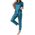 thumbnail image 4 of INSPIRE CHIC Womens Satin Pajama Set Silky Button Down Short Sleeve Lapel Shirt and Pants 2 Piece Loungewear Sets L Peacock Blue, 4 of 6