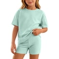 thumbnail image 2 of Lumosvexa Girls Outfits Sets, Short Sleeve Tee and Skinny Fit Shorts Summer Home Lounge Clothes 2 Piece Mint Green 7-8, 2 of 9